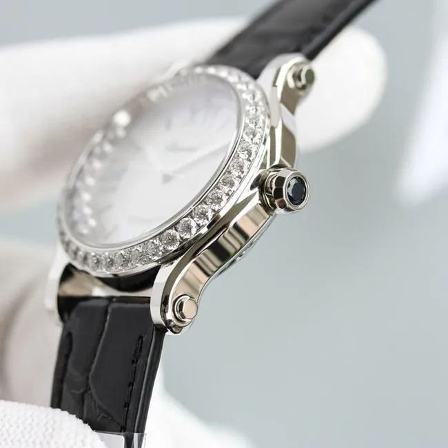 top-tier watch Chopard women's white dial black belt happy diamond HAPPY DIAMONDS series leather strap mechanical watch detail shots