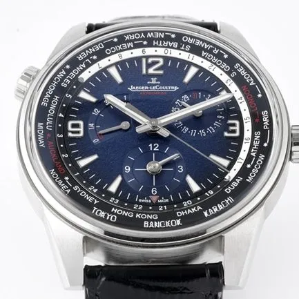 ZF FactoryJaeger-LeCoultretop-tier watch men's blue dial black belt Geographer Q1428421 series disc mechanical leather strap watch side view