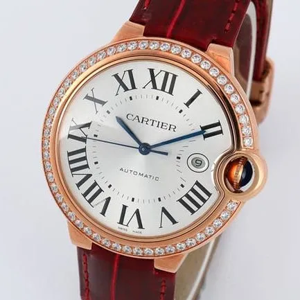 V6 factory top-tier watch Cartier men's white dial red band blue balloon series automatic movementleather strap watch front view