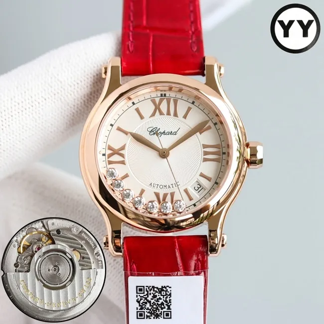top-tier watch Chopard women's white dial red band happy diamond series leather strap mechanical watch side view