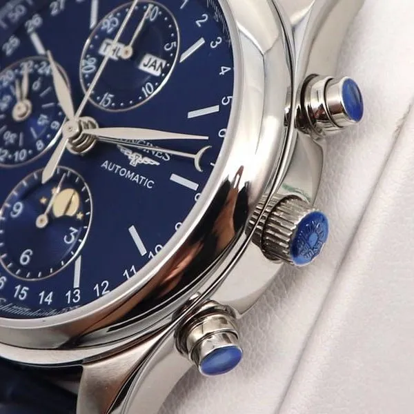GL factory Longinessuper watch famous eight-pin moon phase7751blue dialleather strap detail shots