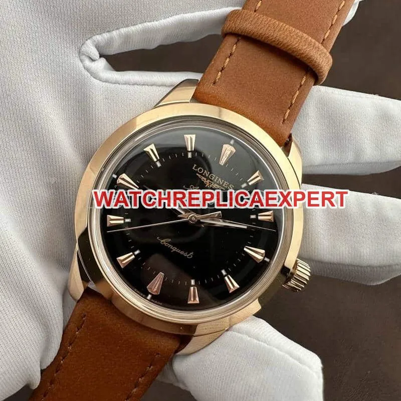 AF FactoryLongines Concast stop-tier 1:1super cloneblack dialrose goldleather strap caseback live photo