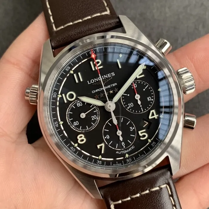 top-tier watch Longines men's black dial pioneer series leather strap watch side view