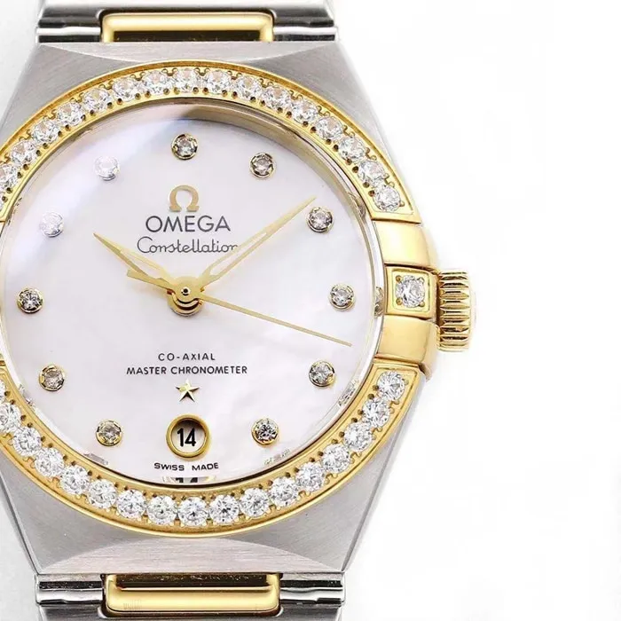 Top collectible watches Omega Women's White Plate Constellation Steel Strap Watch Side View