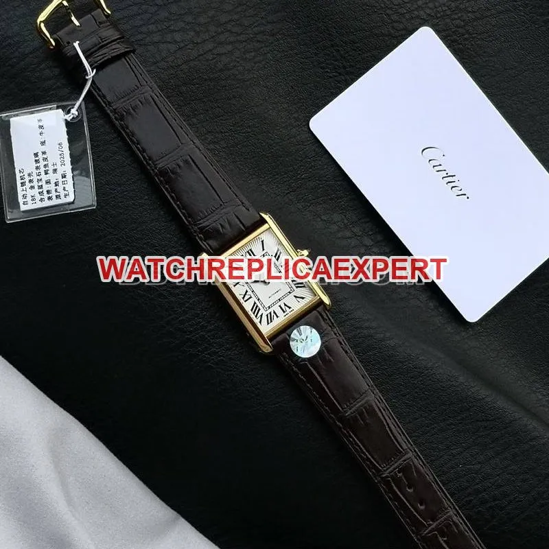 Cartier watch F1 factory tank white dialyellow gold case 2899MCmovementleather strap model front live photo