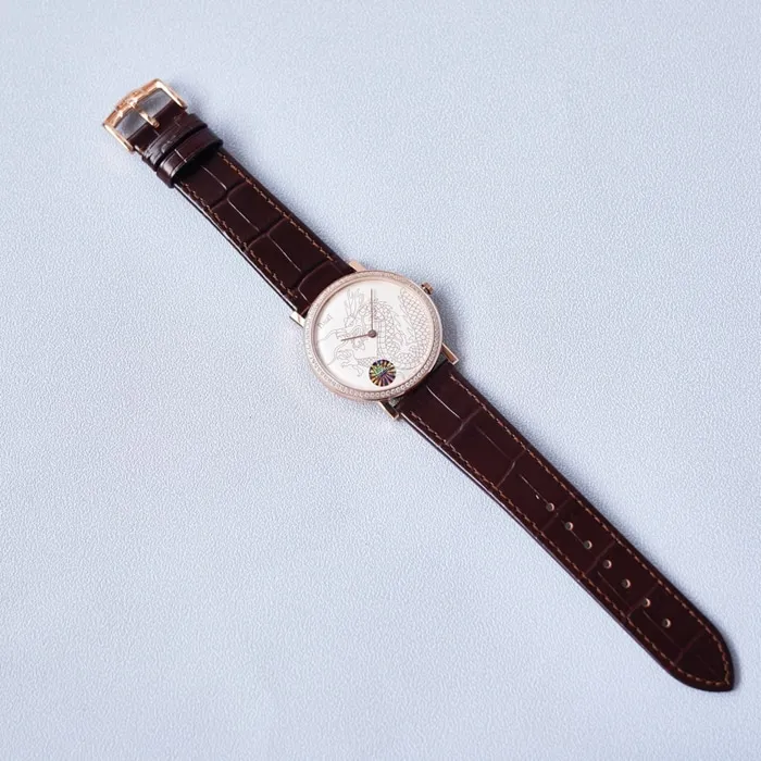 Top-tier watch Piaget men's white dial dragon and phoenix series leather strap watch side view