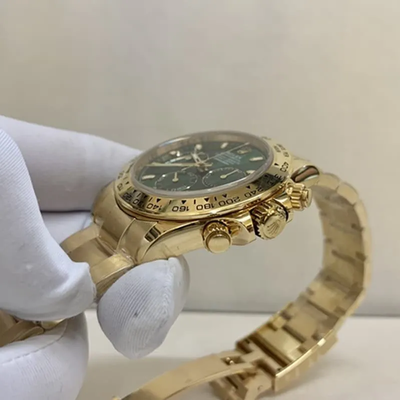 top-tier watch Rolex men's green dial gold band watch front view