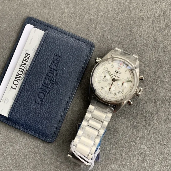 top-tier watch Longines men's white dial pioneer series steel bracelet watch side view