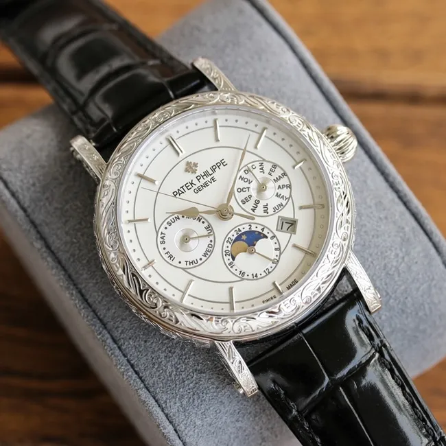 Patek Philippetop-tier watch men's white dial black belt hand-engraved mechanical leather strap 42mm watch detail shots