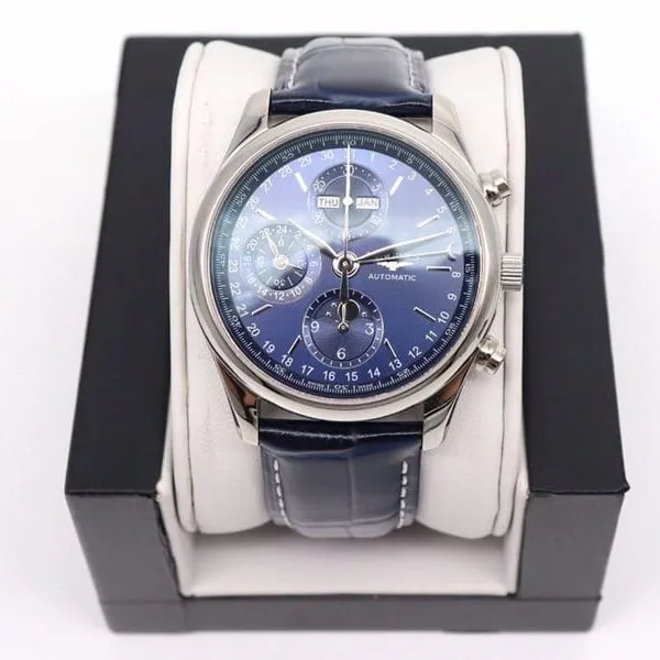 GL factory Longinessuper watch famous eight-pin moon phase7751blue dialleather strap model clasp picture