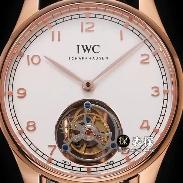 Portuguese IWC1:1replica watch white dialtourbillonrose goldleather strap model IW545801side live photo