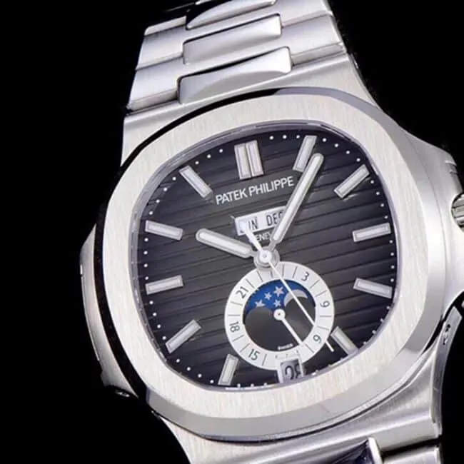 top-tier watch Patek Philippe men's black dial white steel bracelet5726 series watch side view