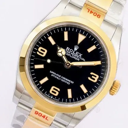 EW Factorytop-tier replicaRolex Explorer 36 series men's black dial gold band automatic movement watch side view