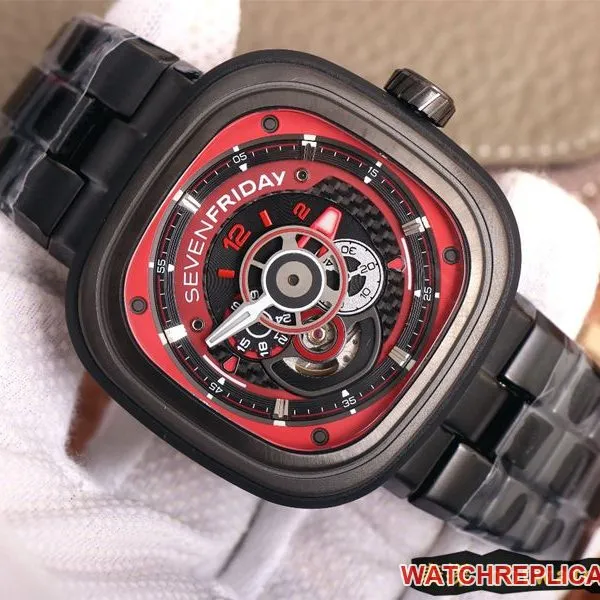 watch seven day display five red and black colors lead the trend SEVENFRIDAY/automatic movementmen's watch Swiss steel bracelet large dial all black front view