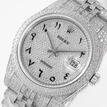 TW factory top-tier replicaRolex men's white dialsteel braceletDatejust series full diamond 18k gold full automatic movement watch side view