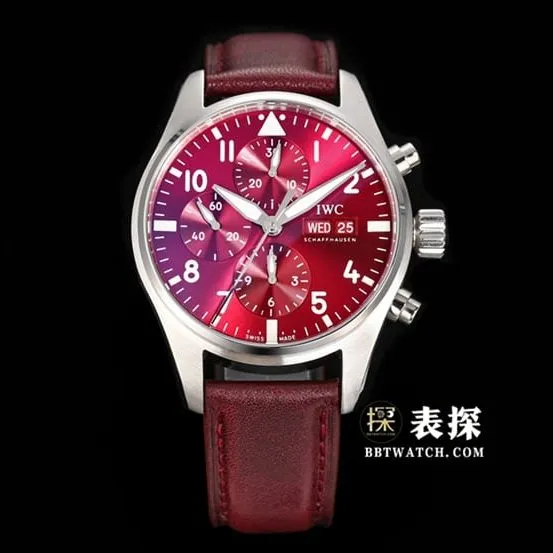 Pilot IWC Watch Burgundy Red Dial Leather Strap IW388107 Side Real Shot