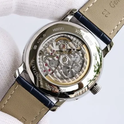 top-tier watch Vacheron Constantin men's white dial blue belt heritage series leather strap automatic movement watch detail shots