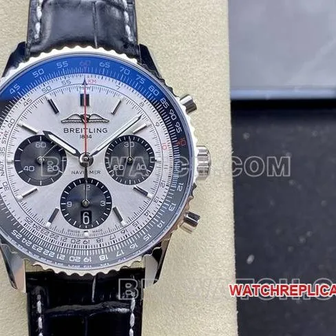 watch BLS factory aviation chronographBreitling silver gray plate brown leather strap caseback live photo