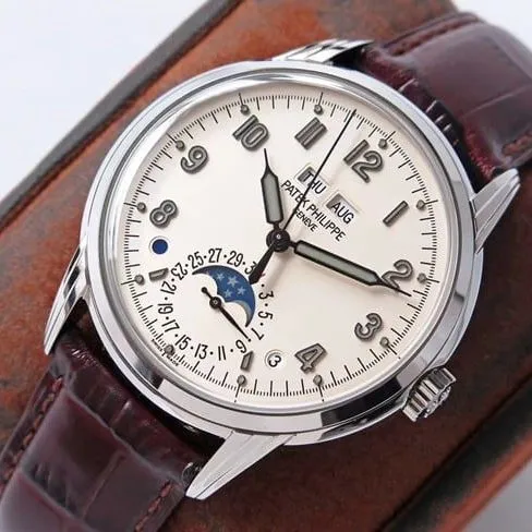 GS factory top-tier watch Patek Philippe men's white dial brown belt super complex function timepiece leather strap watch side view