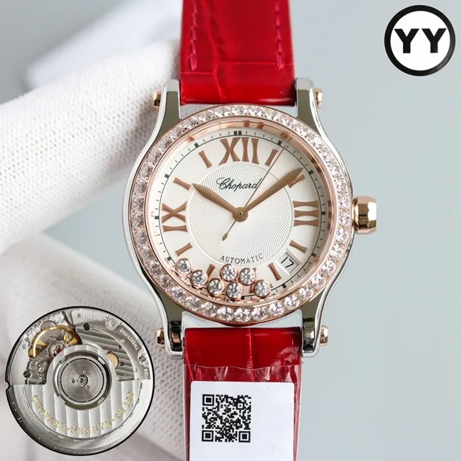 Top-tier watch Chopard women's white dial red strap happy diamond series leather strap mechanical watch clasp picture