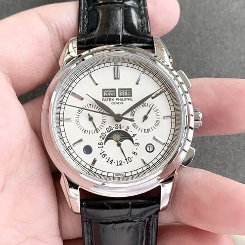 top-tier watch Patek Philippe men's white dial black belt super complex function chronograph series leather strap watch detail shots
