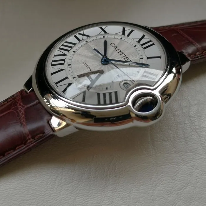 top-tier watch Cartier men's white dial blue balloon series leather strap watch front view