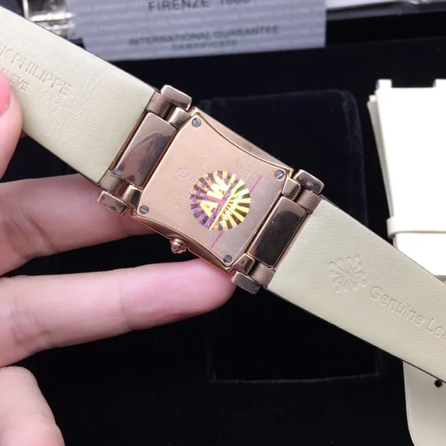 AW factory real diamond replicaPatek Philippe brown plate and brown belt ladies' watch front view