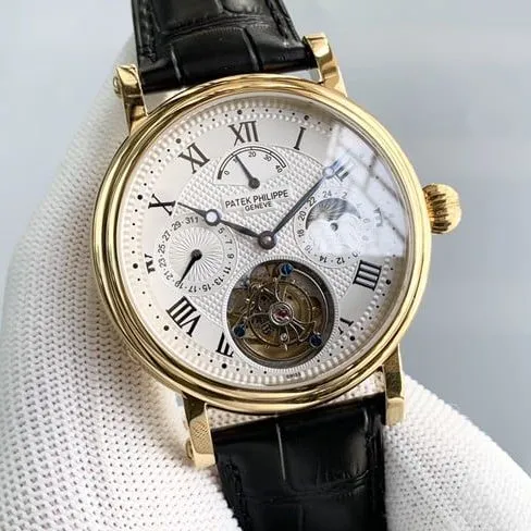 Patek Philippetop-tier watch men's white dial black belt tourbillon automatic complex function series leather strap watch side view