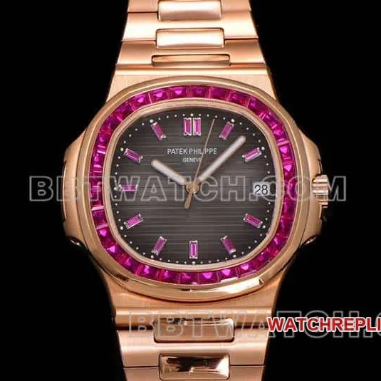E7 factory Patek Philippe sporty and elegant top-tier black gradient disc pink diamond bezelNautilus5711side live photo
