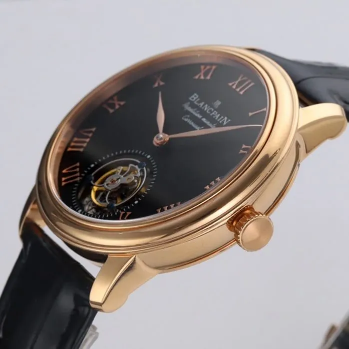 top-tier watch Blancpain men's black dial Art Master series leather strap watch detail shots