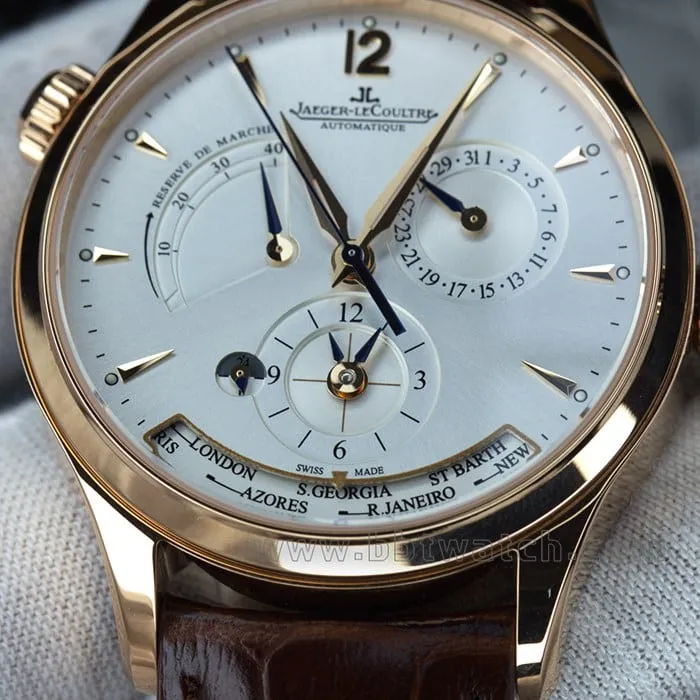 zf factory Jaeger-LeCoultretop-tier watch geography master world time men's white dial brown belt multifunctional automatic movementleather strap watch detail shots