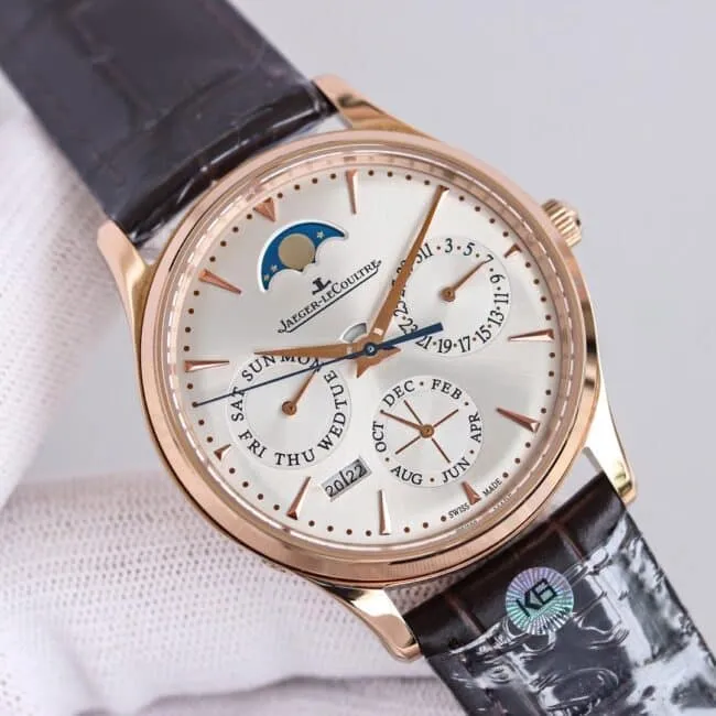 TW factory top-tier watch Jaeger-LeCoultre master moon phaserose goldwhite dial perpetual calendar automatic movement men's watch front view