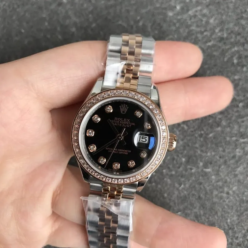Rolex Datejust women's watch, 28mm, mechanical bezel with diamonds, rose gold case, black dial, front view