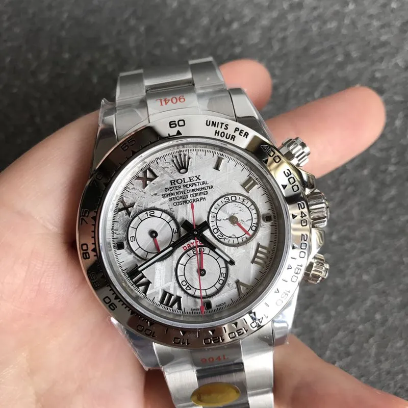 Rolextop-tierhigh-quality watch white goldDaytona series meteorite men's mechanical steel bracelet watch side view