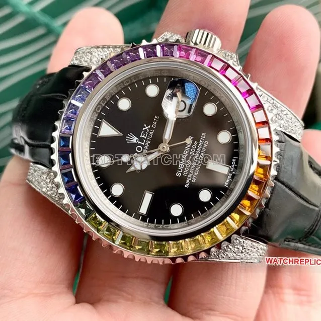 Rolex Submariner super cloneblack dial rainbow diamond bezelleather strap front live photo