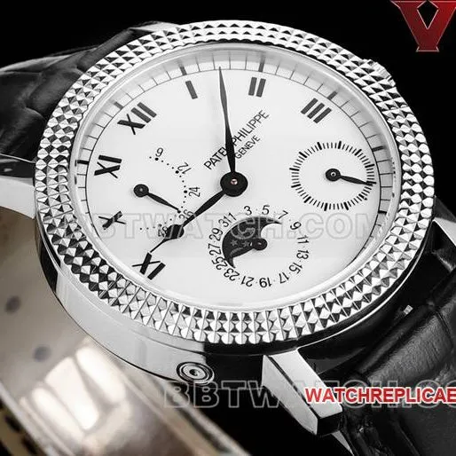 Top watch complex function timepiece V9 factory Patek Philippe white dial leather strap side real shot photos