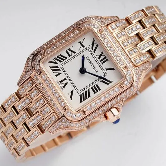 Cartiertop-tiersuper watch cheetah full diamond series ladies steel bracelet mechanical rose gold watch side view