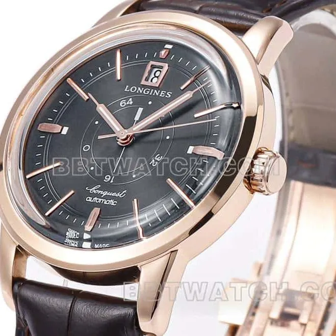 AD factory Longines classic replicatop-tier 1:1super carbon black dialrose goldleather strap side live photo