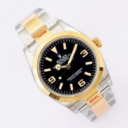 EW Factorytop-tier replicaRolex Explorer 36 series men's black dial gold band automatic movement watch side view