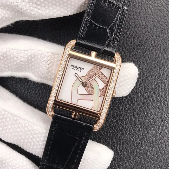 YF factory top-tier watch Hermès women's white dial black belt square stainless steel quartzleather strap watch clasp picture