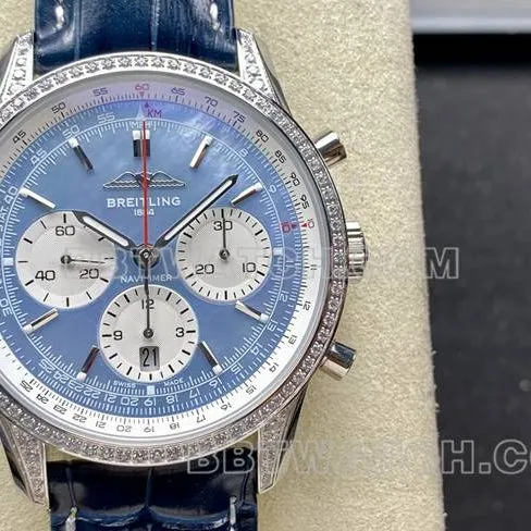 watch BLS factory Breitling aviation chronograph diamond light blue dialleather strap caseback live photo