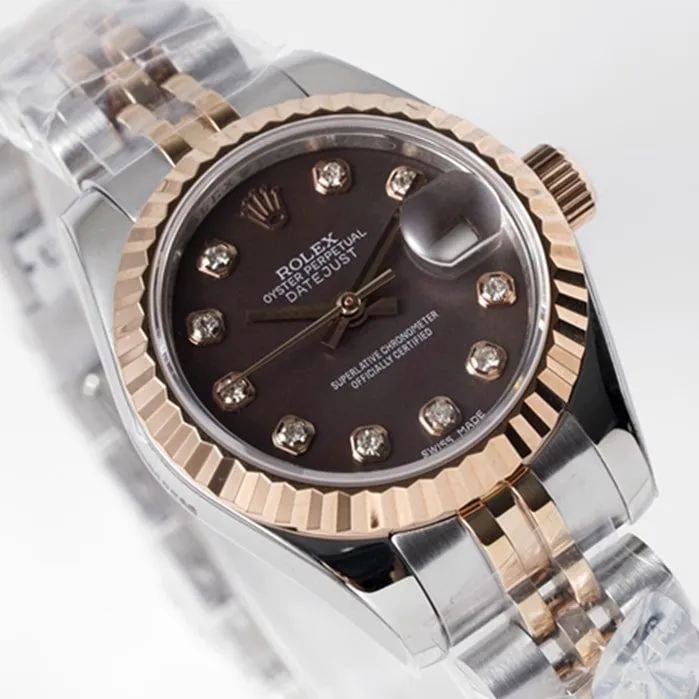 Top-tier watch Rolex women's brown dial Datejuststeel bracelet watch front view