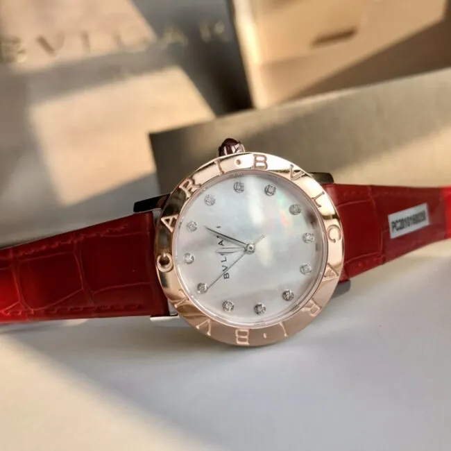 top-tier watch Bvlgari women's white dial18krose goldleather strap watch side view