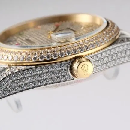 TW factory top-tier replicaRolex men's white dialsteel bracelet full diamond Datejust series 18k gold automatic movement watch front view