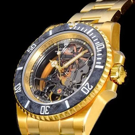 Rolextop-tier watch full hollow Submariner series men's black dial gold belt automatic movement watch side view