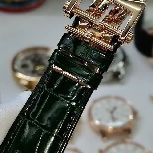 top-tier watch Vacheron Constantin men's black dial green strap tourbillon mechanical leather strap watch front view