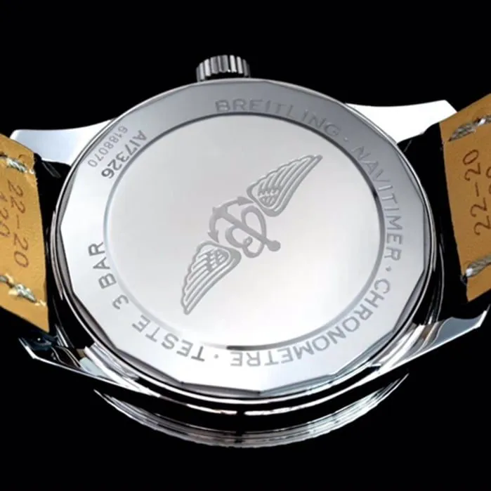 top-tier watch Breitling men's black dial aviation chronograph1 series leather strap watch side view