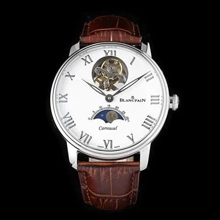 JBF FactoryBlancpaintop-tier replicahigh-quality watch men's white dial brown belt V3 version tourbillon classic full series mechanical leather strap watch side view
