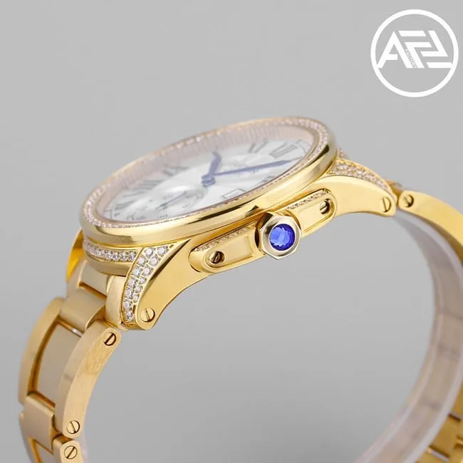 top-tier watch Cartier men's automatic movement white dial gold steel bracelet Kalibo series watch side view