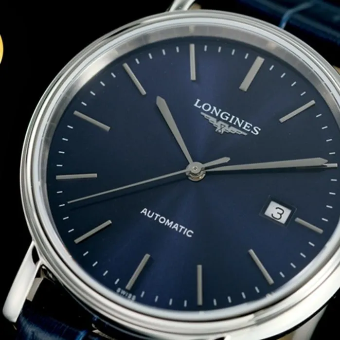 Top collectible watches Longines Men's Blue Plate Blue Strap CURLY Series Belt Watch Front View